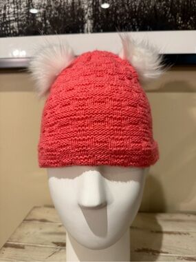 Screamer Coral Pink Knit Beanie White Double Pom Fleece Lined Winter Hat